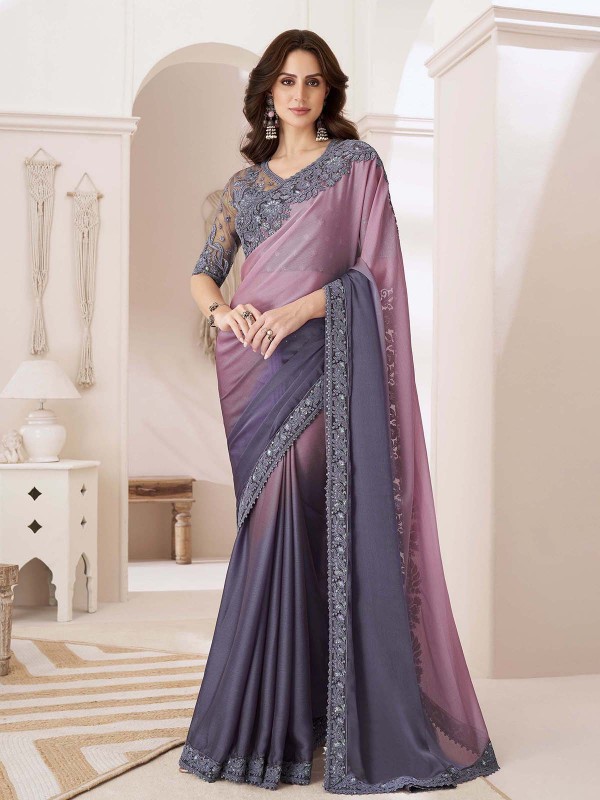 Dusty Pink And Slate Blue Shaded Chiffon Saree